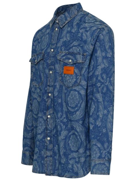 Versace Camicia In Denim Di Cotone Azzurra 